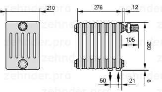 Схема (чертеж) Радиатор Zehnder Charleston 6026/6 №V002 Белый глянцевый RAL 9016